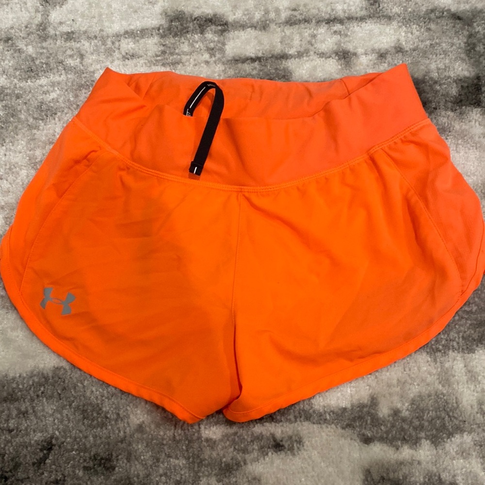 Neon orange athletic under armour shorts with adjustable tie